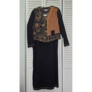 Women's C. M. Shapes Jacket (L) and Sleeveless Maxi Dress (M) Black Gold Trim